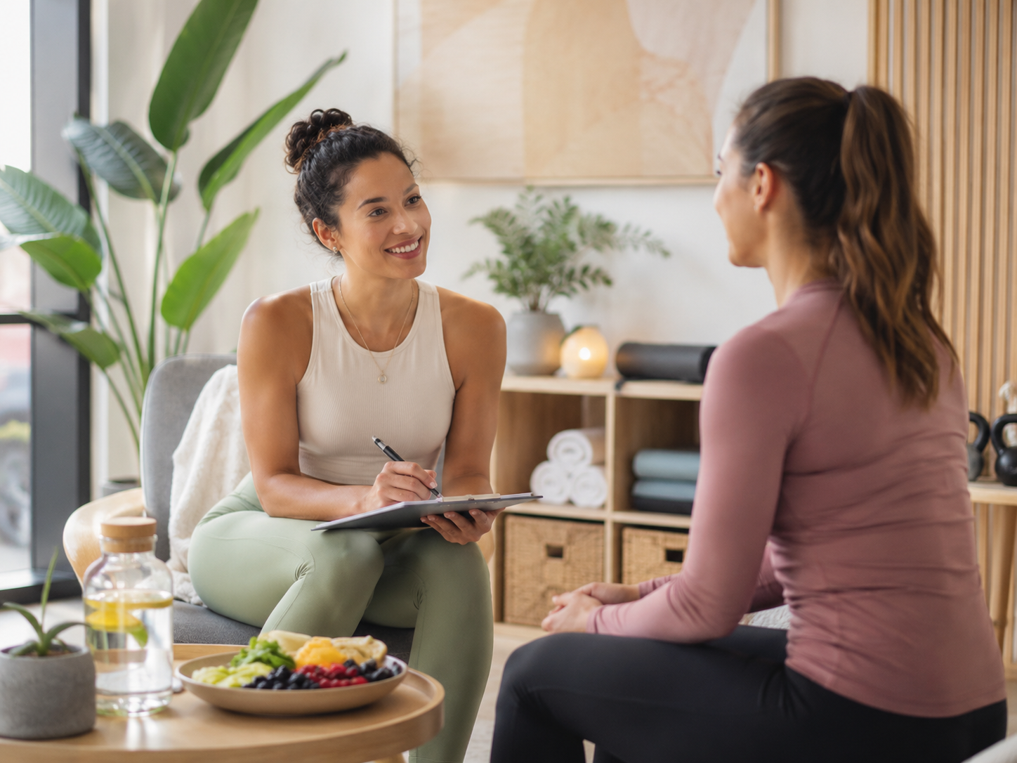 Friendly wellness consultation in a cozy fitness studio