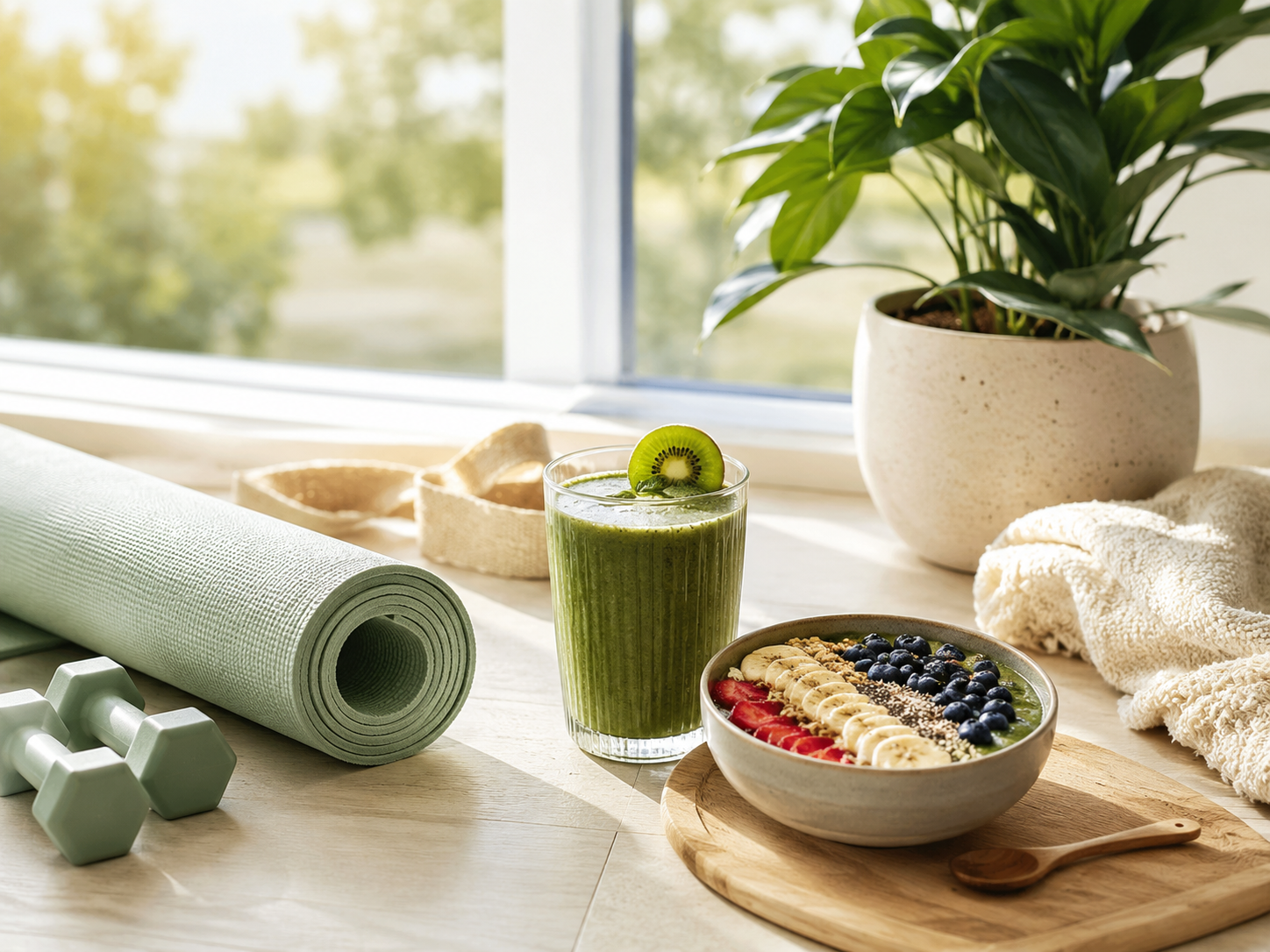Serene wellness space with smoothie, yoga mat, and healthy breakfast